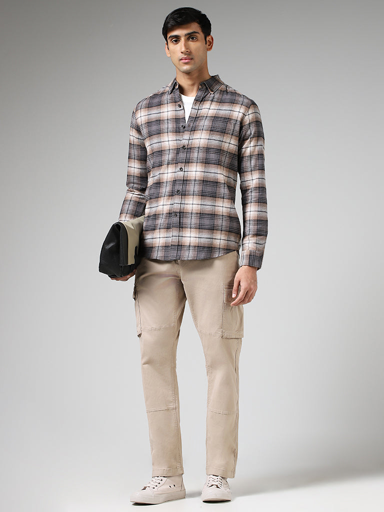 WES Casuals Dark Brown Plaid Checked Cotton Slim Fit Shirt