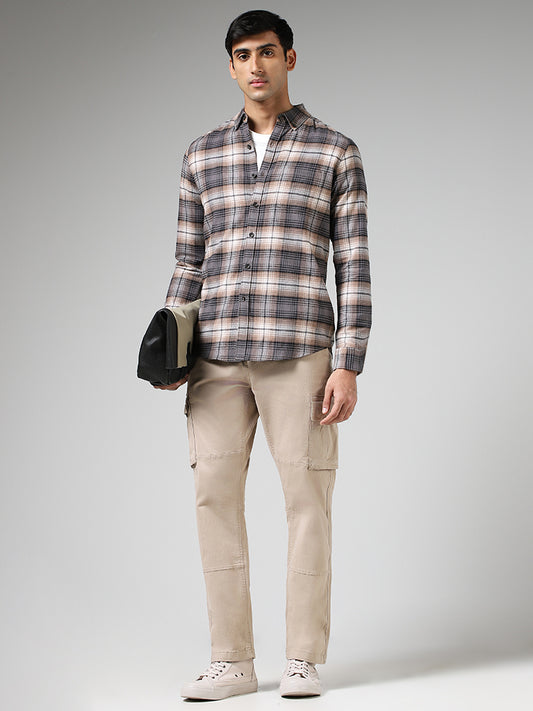 WES Casuals Dark Brown Plaid Checked Cotton Slim Fit Shirt