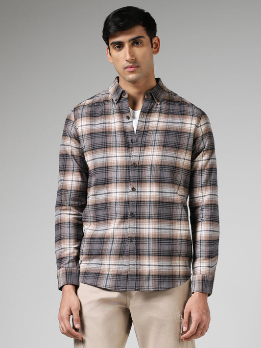 WES Casuals Dark Brown Plaid Checked Slim Fit Shirt
