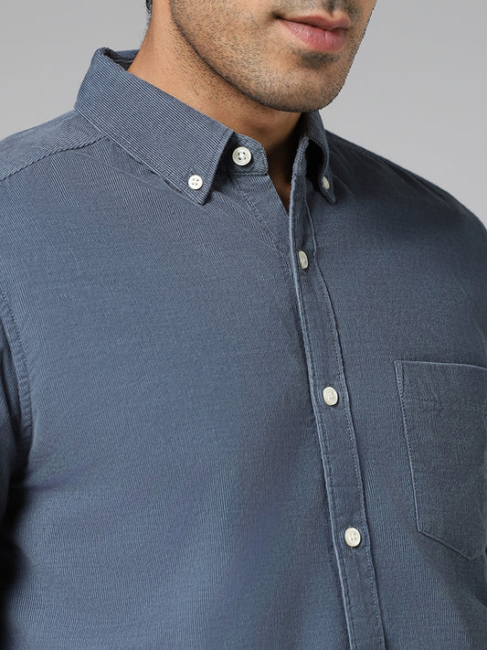 WES Casuals Blue Self Striped Slim Fit Corduroy Shirt