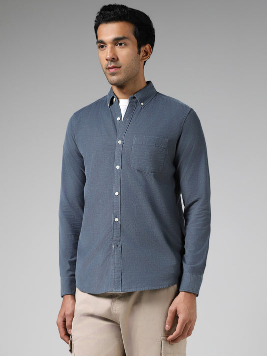 WES Casuals Blue Self Striped Slim Fit Corduroy Shirt
