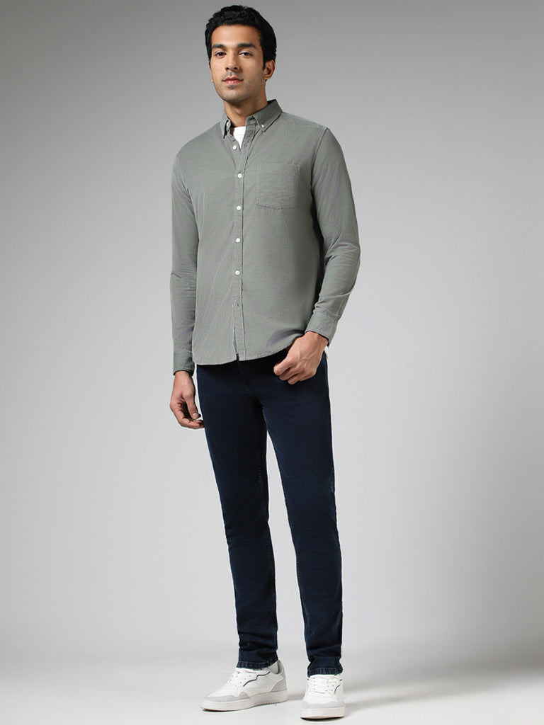 WES Casuals Sage Self Striped Slim Fit Corduroy Shirt