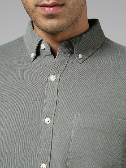 WES Casuals Sage Self Striped Slim Fit Corduroy Shirt