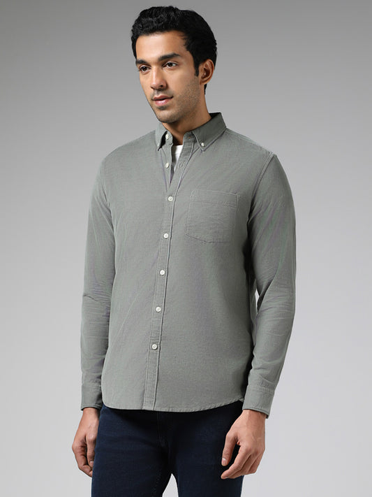 WES Casuals Sage Self Striped Cotton Slim Fit Corduroy Shirt