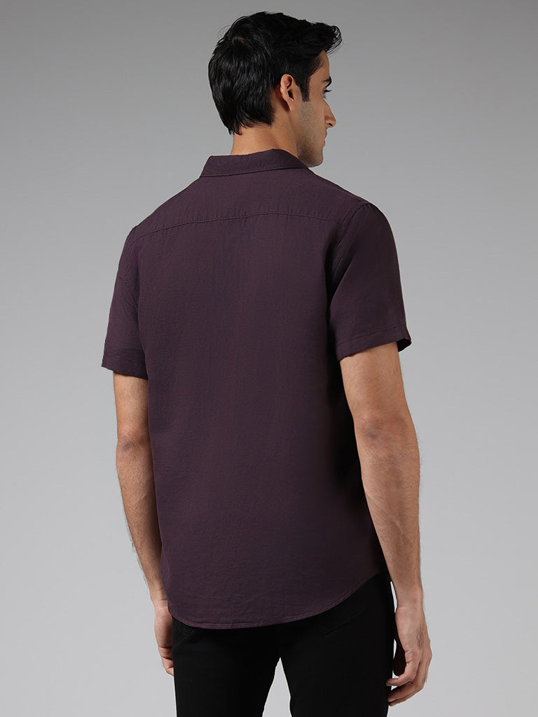 WES Casuals Solid Burgundy Slim Fit Blended Linen Shirt