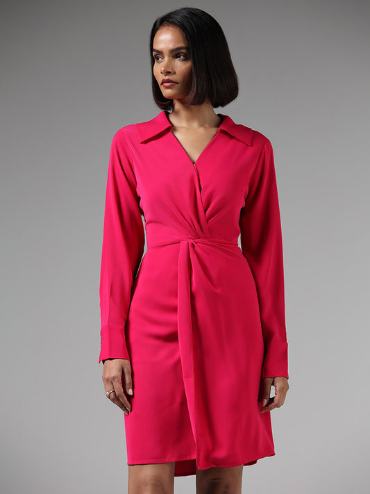 Wardrobe Solid Pink Front Wrap Dress