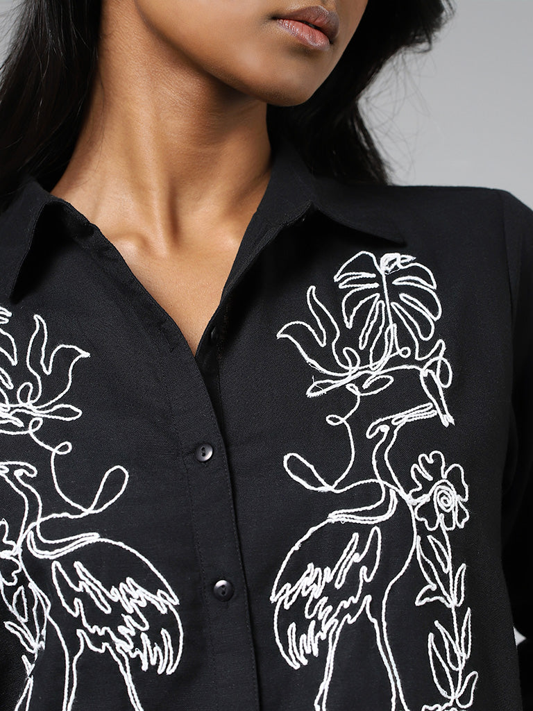 LOV Black Nature Doodle Embroidered Blended Linen Shirt