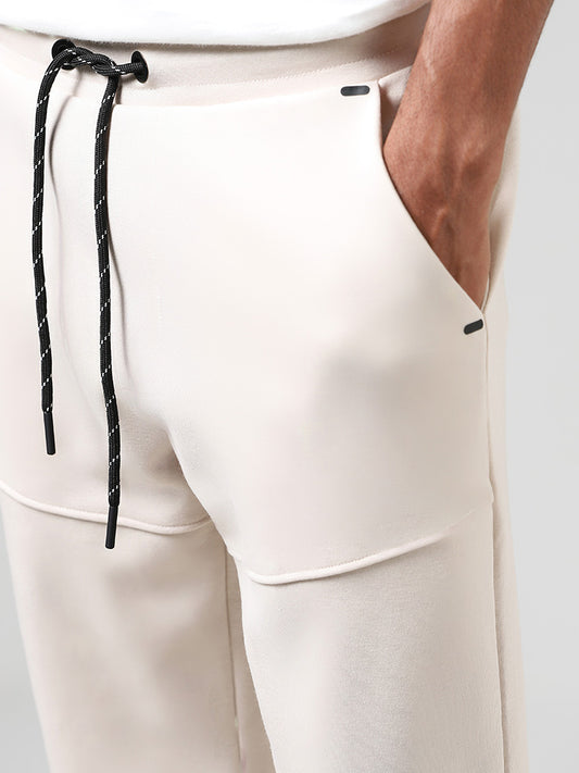 Studiofit Solid Off White Seam Detail Relaxed Fit Track Pants
