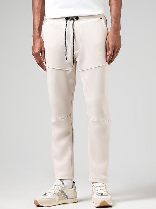 Studiofit Solid Off White Seam Detail Relaxed Fit Track Pants