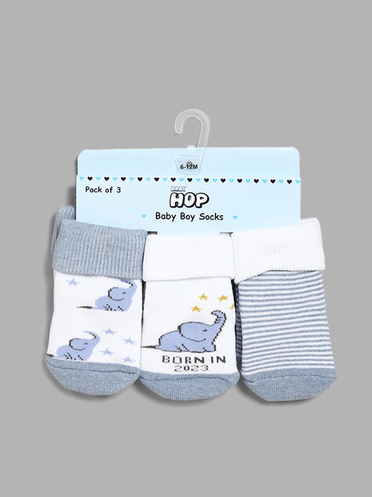 HOP Baby Striped Printed Adorned Blue Socks - Pack of 3