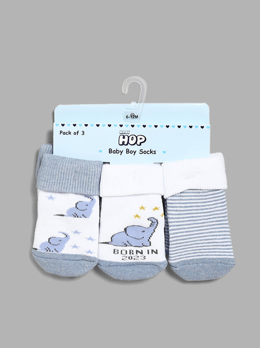 HOP Baby Striped, Elephant Adorned Blue Socks - Pack of 3