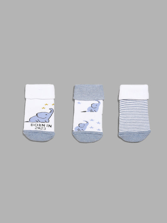 HOP Baby Striped, Elephant Adorned Blue Socks - Pack of 3