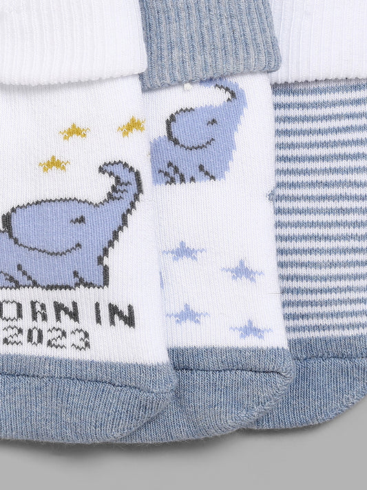 HOP Baby Striped, Elephant Adorned Blue Socks - Pack of 3