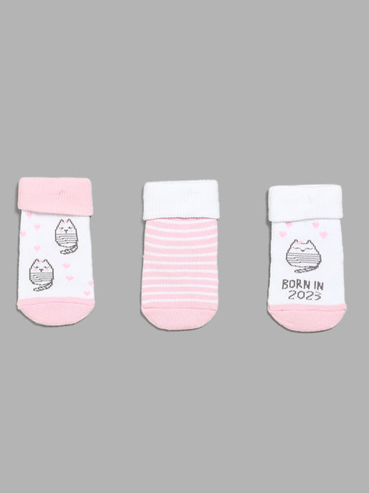 HOP Baby Printed Pink & White Socks - Pack of 3
