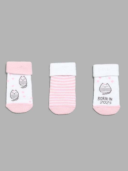 HOP Baby Printed Pink & White Socks - Pack of 3
