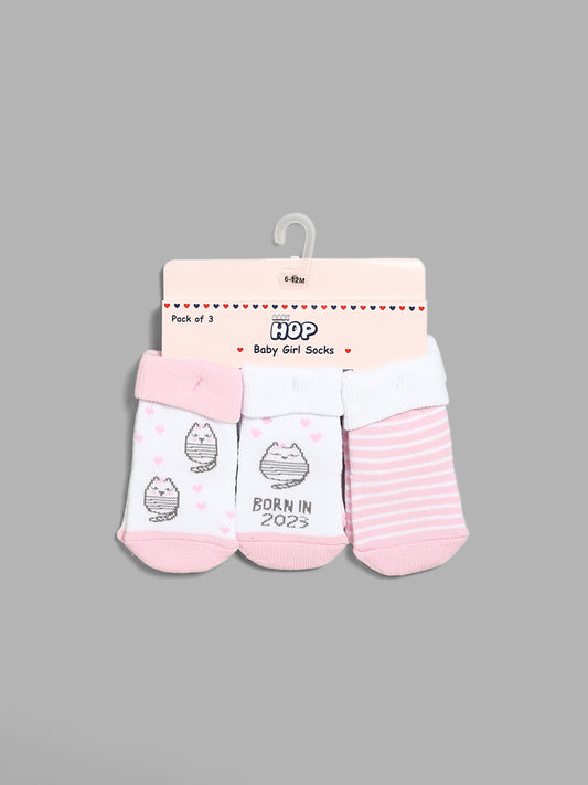 HOP Baby Printed Pink & White Socks - Pack of 3