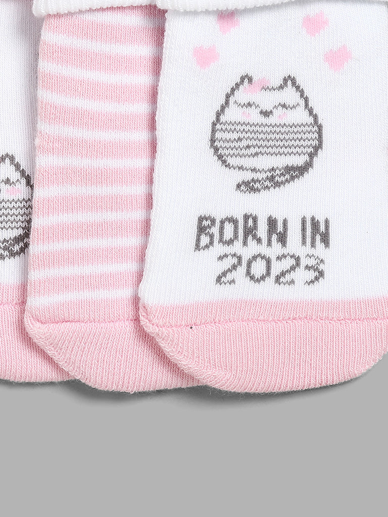 HOP Baby Printed Pink & White Socks - Pack of 3