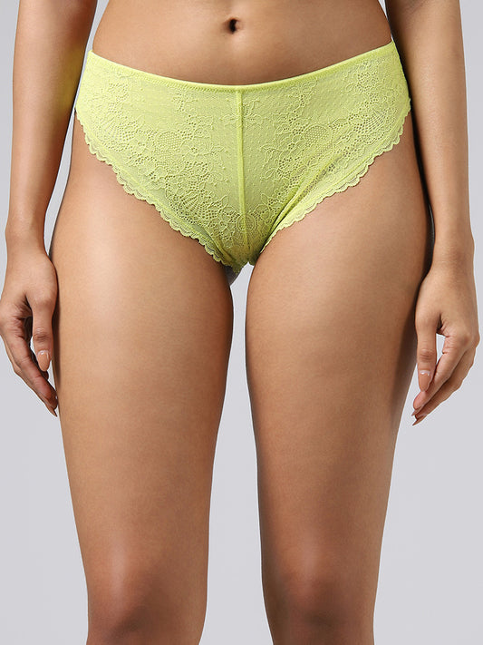 Wunderlove Light Yellow Lace-Trimmed Brazilian Brief