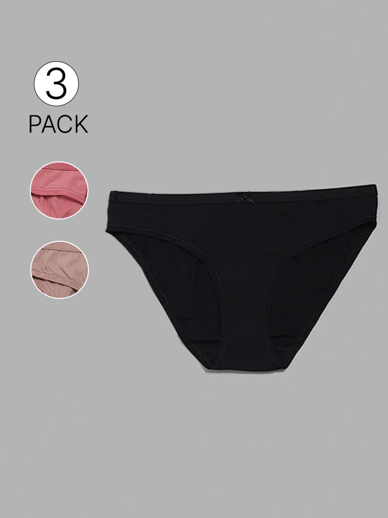 Wunderlove Solid Multicolor Stretchable Cotton Blend Bikini Briefs - Pack of 3