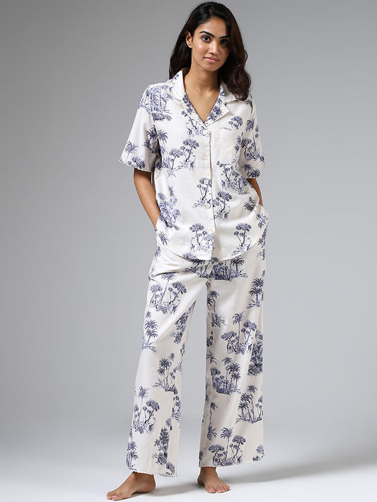 Wunderlove White & Indigo Tropical Print Shirt & Pyjama Set