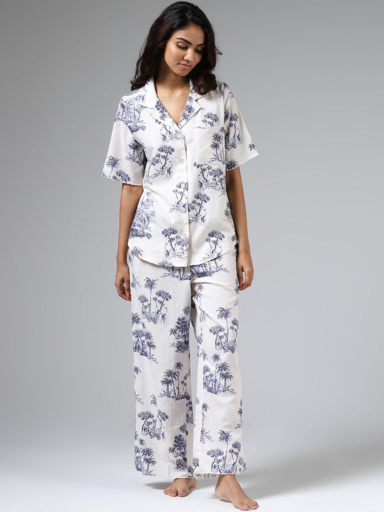 Buy Wunderlove White & Indigo Tropical Printed Shirt & Pyjamas Set