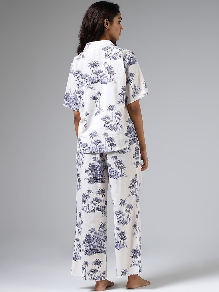 Wunderlove White & Indigo Tropical Print Shirt & Pyjama Set