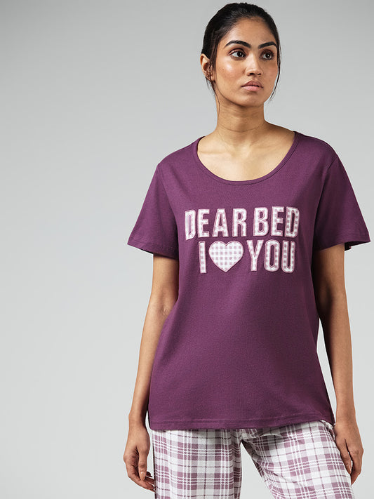 Wunderlove Violet Typographic Printed T-Shirt & Checked Pyjamas Set