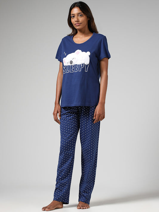 Wunderlove Navy Embroidered T-Shirt, Pyjamas & Bag Set