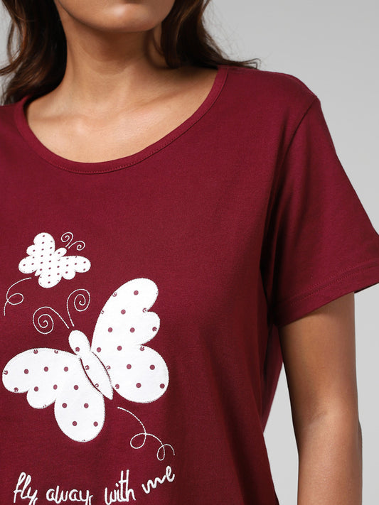 Wunderlove Wine Embroidered T-Shirt, Pyjamas & Bag Set