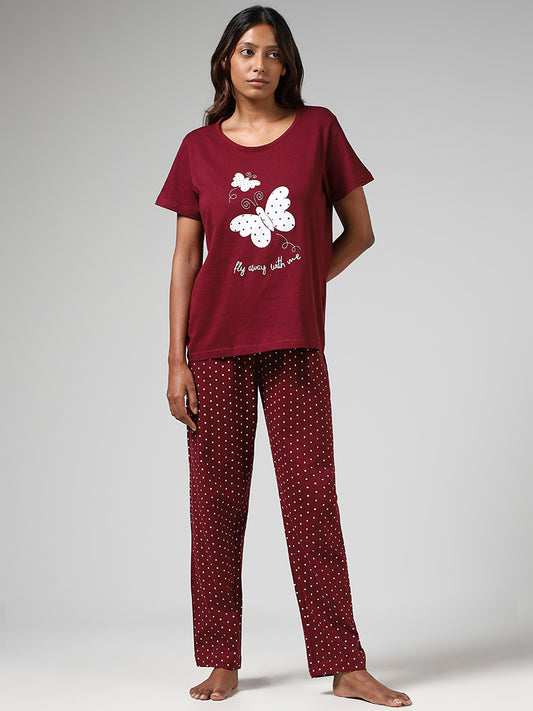 Wunderlove Wine Embroidered Pyjamas Set In A Bag