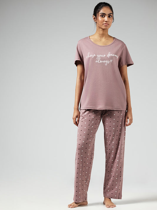 Wunderlove Light Brown Heart Printed Pyjamas