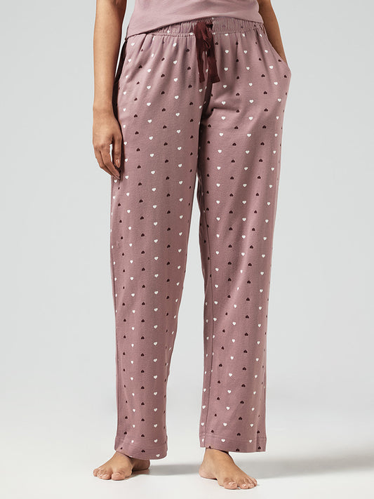Wunderlove Light Brown Heart Printed Pyjamas