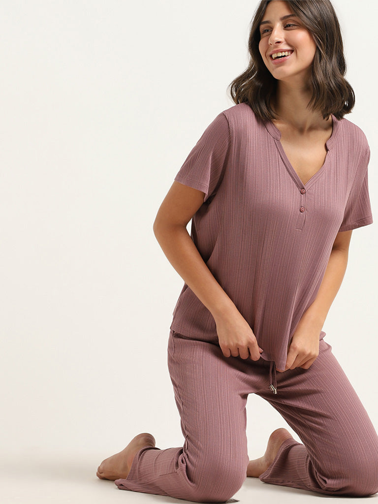 Wunderlove Light Brown Self-Patterned Supersoft Pyjamas