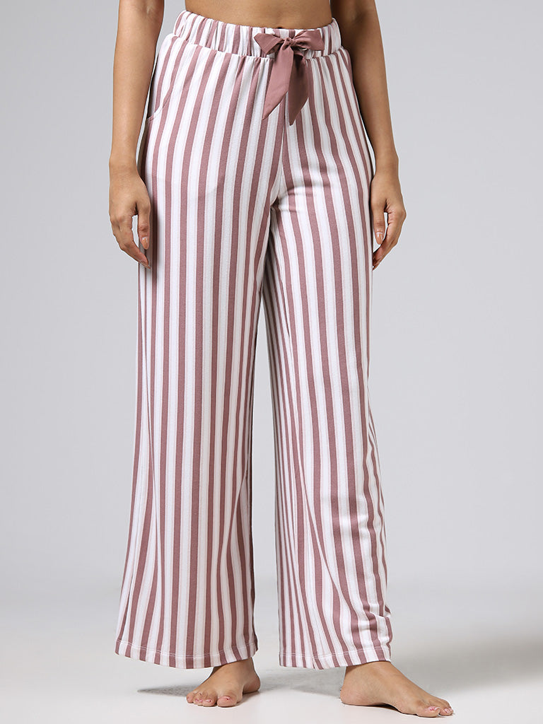 Wunderlove White & Dusty Rose Striped Supersoft Trousers