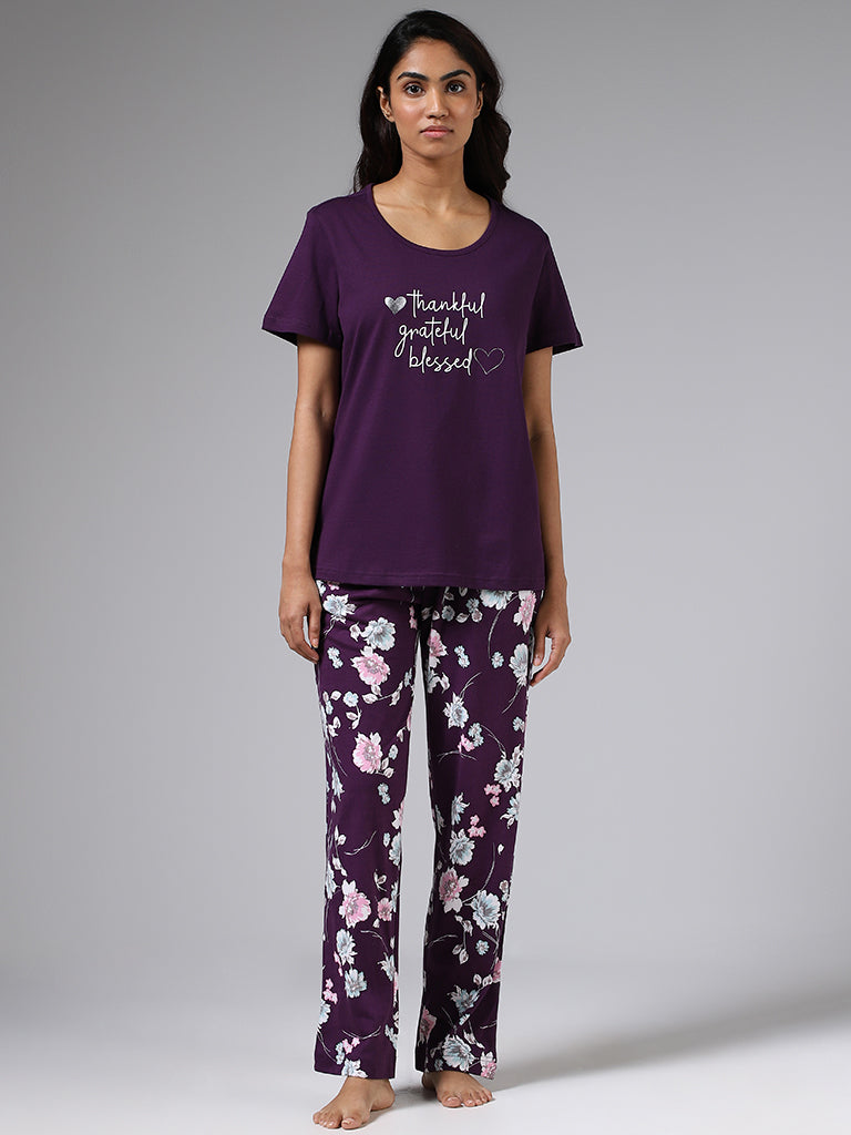 Wunderlove Dark Purple Typographic Printed T-Shirt
