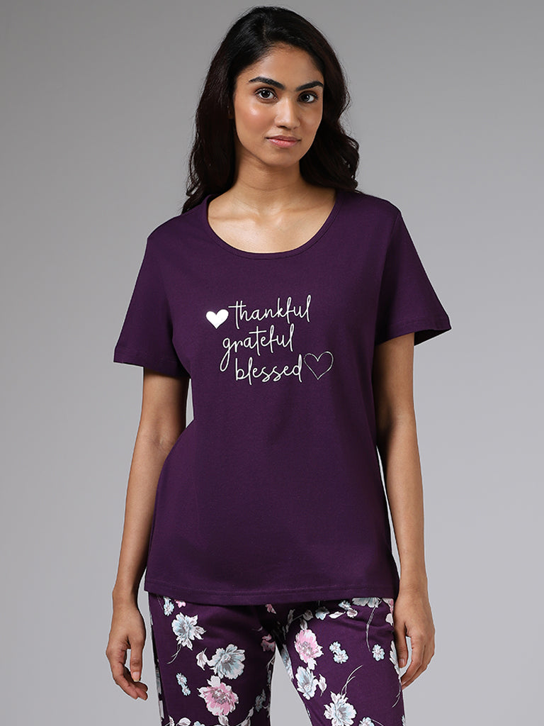 Wunderlove Dark Purple Typographic Printed T-Shirt