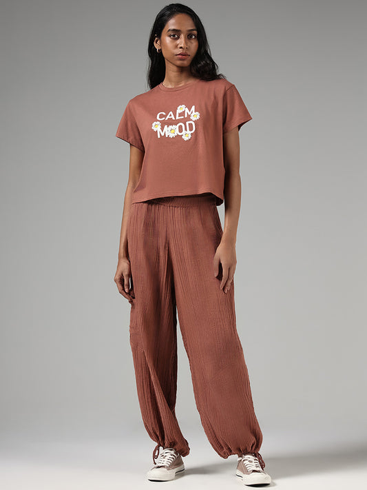 Superstar Floral Printed Brown Crop T-Shirt