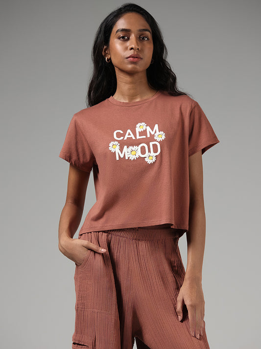 Superstar Floral Printed Brown Crop T-Shirt