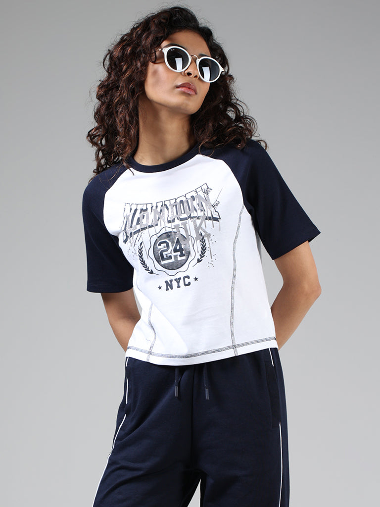 Studiofit Navy Blue and White Typographic Printed Cotton T-Shirt