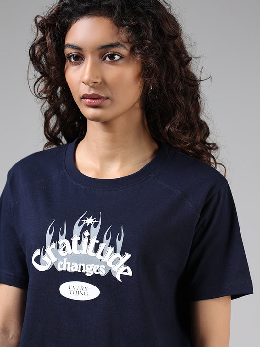 Studiofit Navy Blue Typographic Printed Cotton T-Shirt