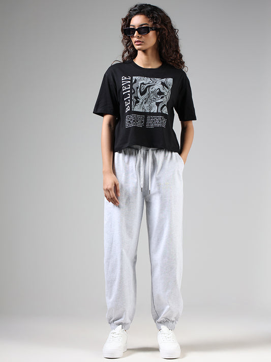 Studiofit Black Typographic Printed T-Shirt