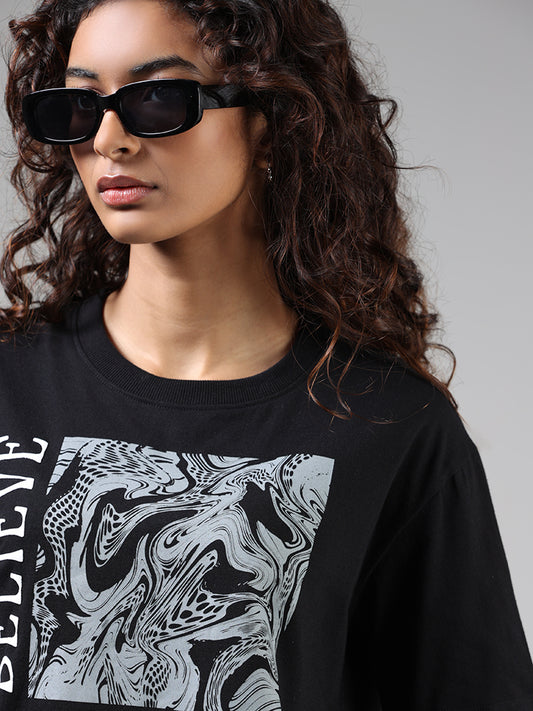 Studiofit Black Typographic Printed T-Shirt
