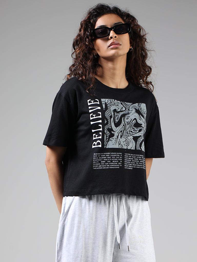 Studiofit Black Typographic Printed Cotton T-Shirt