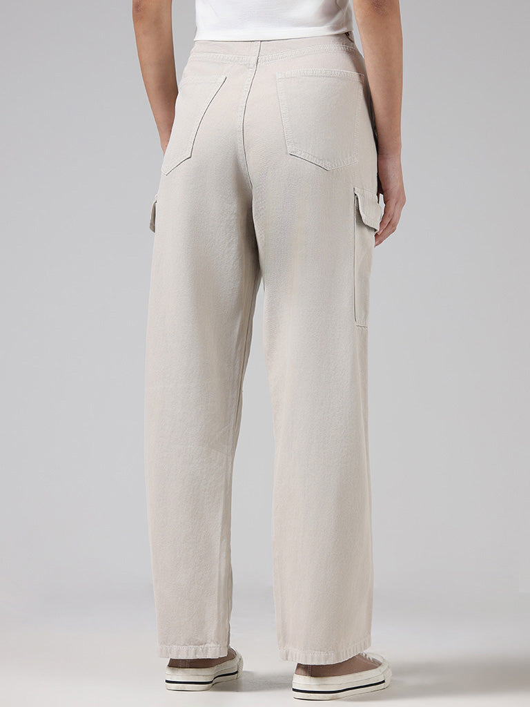 Nuon Solid Beige High-Rise Denim Cargo Relaxed Fit Pants