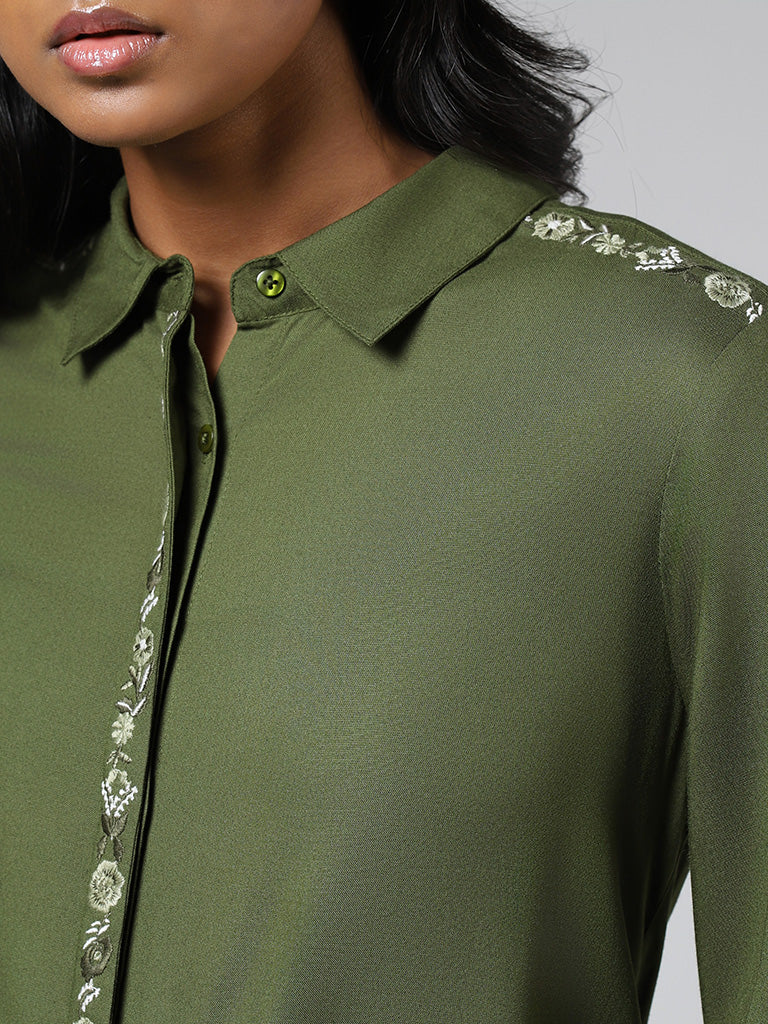 LOV Olive Floral Embroidered Accent Shirt