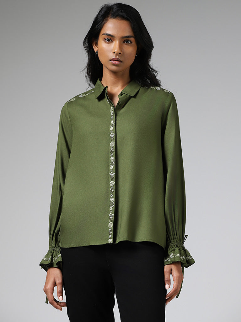 LOV Olive Floral Embroidered Accent Shirt