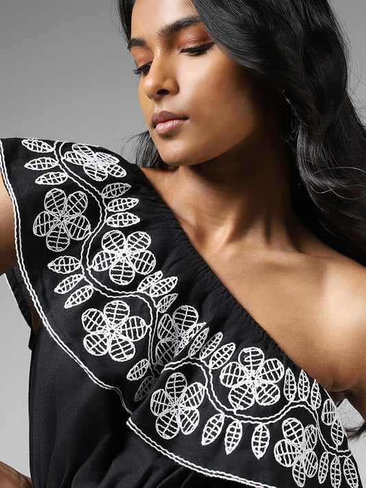 LOV Black Floral Embroidered One Shoulder Dress