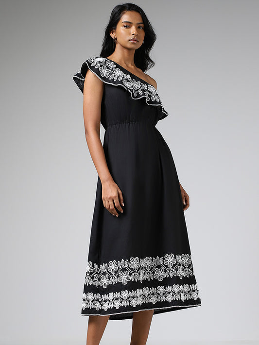 LOV Black Floral Embroidered One Shoulder Blended Linen Dress