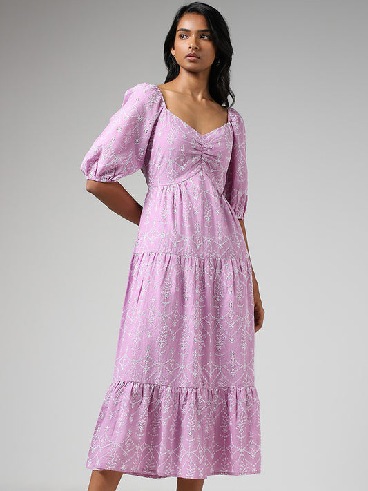 LOV Lilac Schiffli Tiered Dress