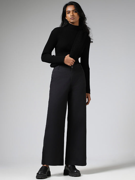 LOV Solid Black Wide-Leg Trousers